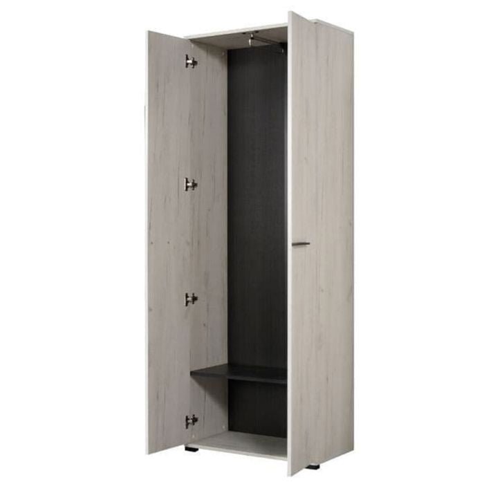 Light wood narrow two-door wardrobe with doors open showing black interior and shelf