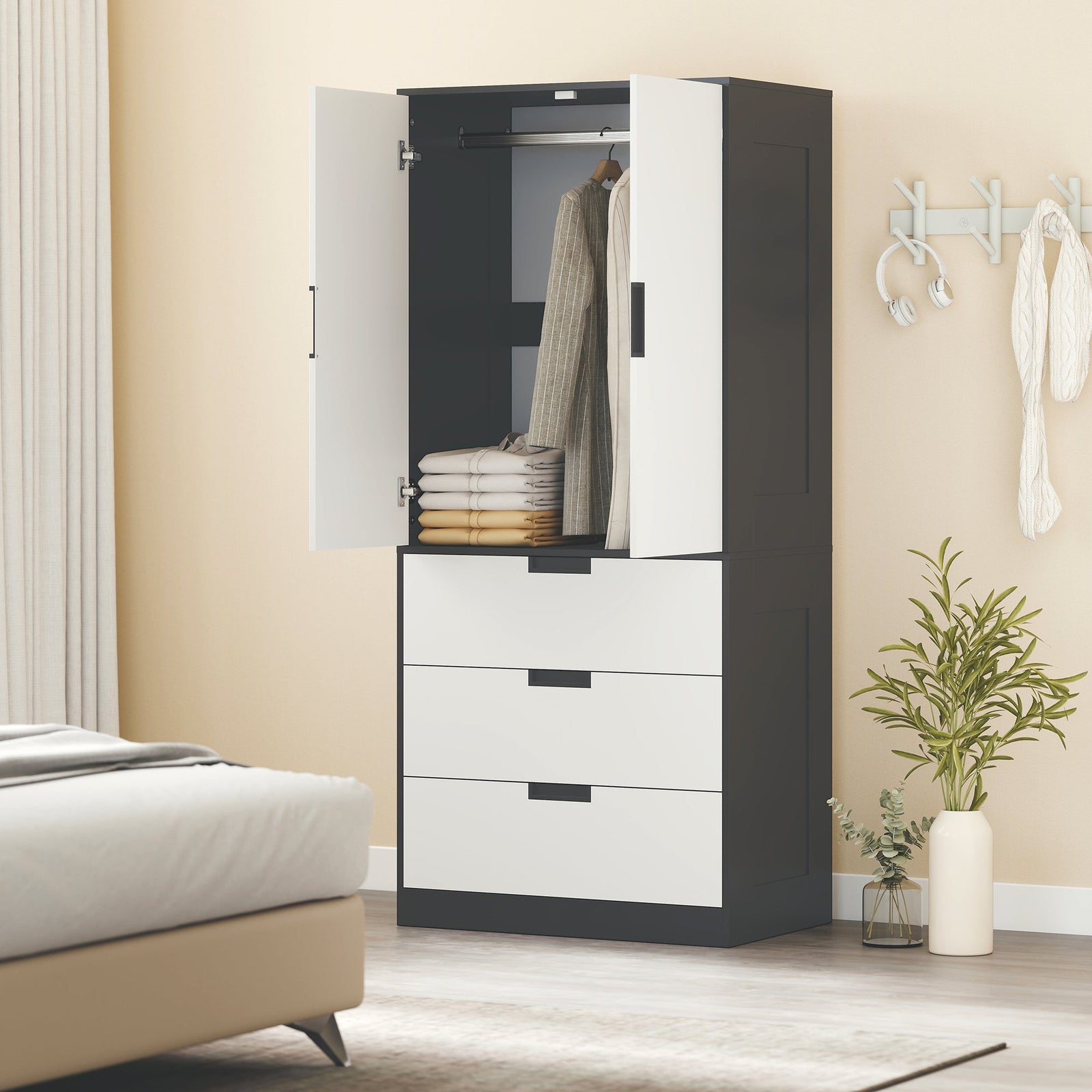 homcom 2 door wardrobe modern wardrobe with 3 drawers and hanging rod for bedroom black