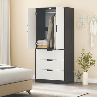 homcom 2 door wardrobe modern wardrobe with 3 drawers and hanging rod for bedroom black