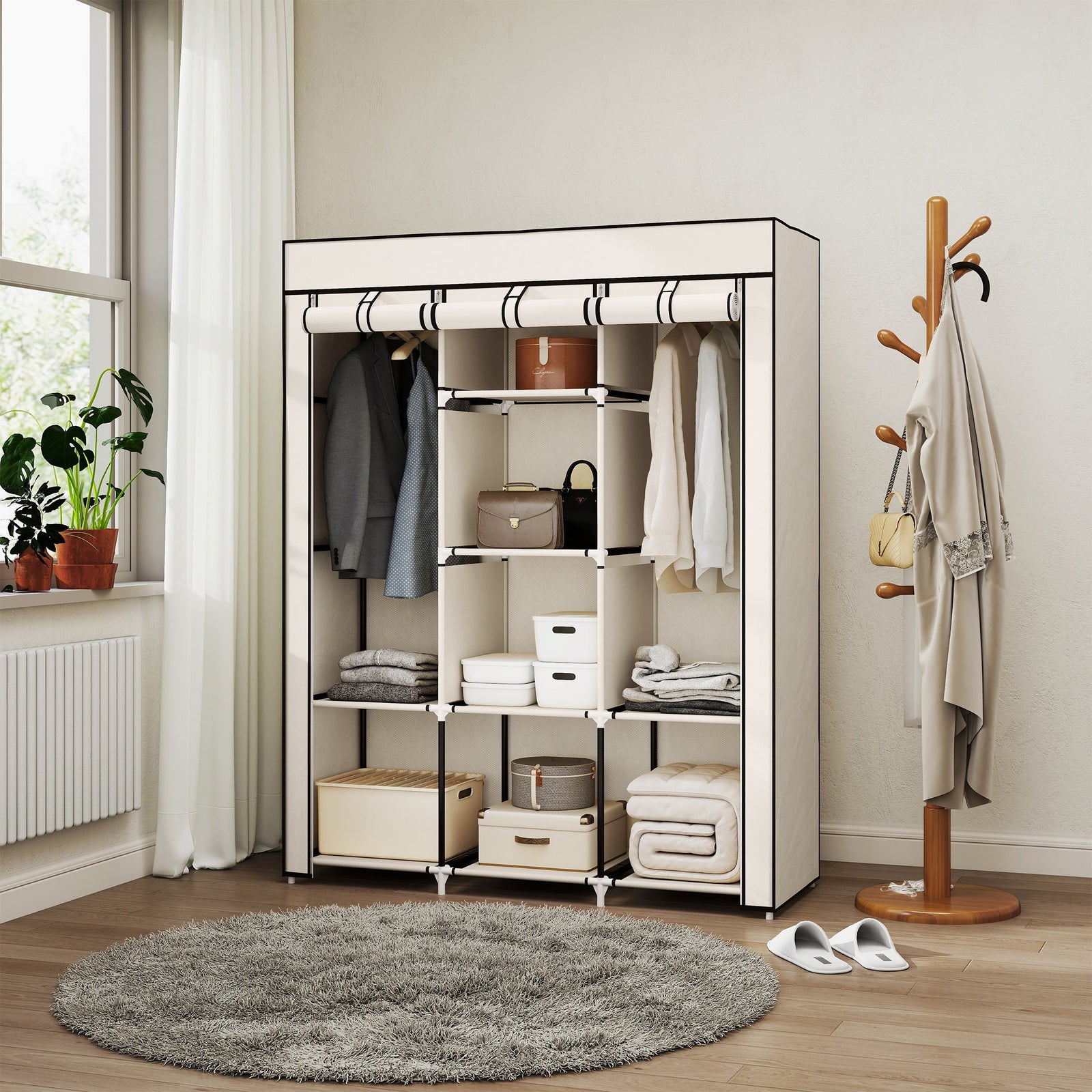 homcom fabric wardrobe with rails and shelves cream white
