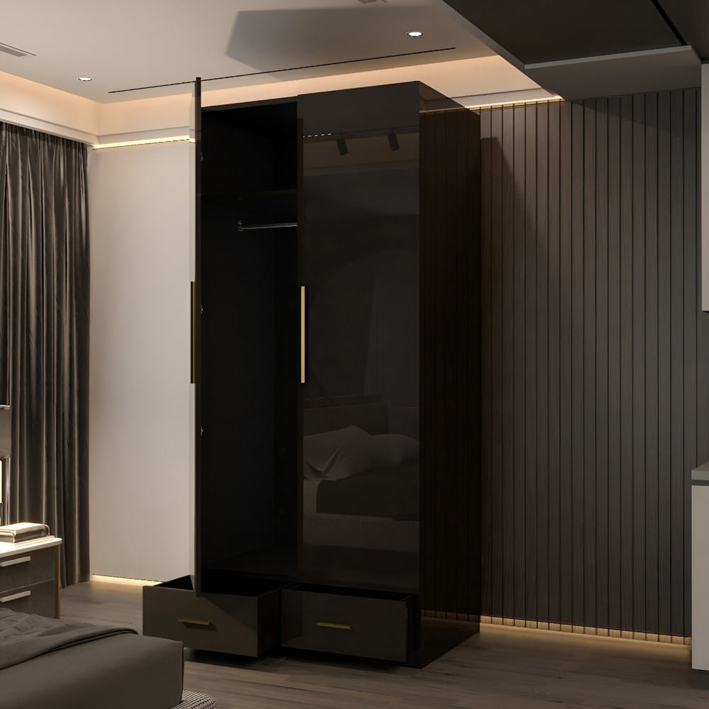 Black high gloss 2 door 90cm wardrobe with gold handles and 2 drawers, one door open.