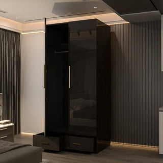 XD4 Black High Gloss 2 Door 2 Drawer Gold Handle Mirrored Wardrobe 90cm