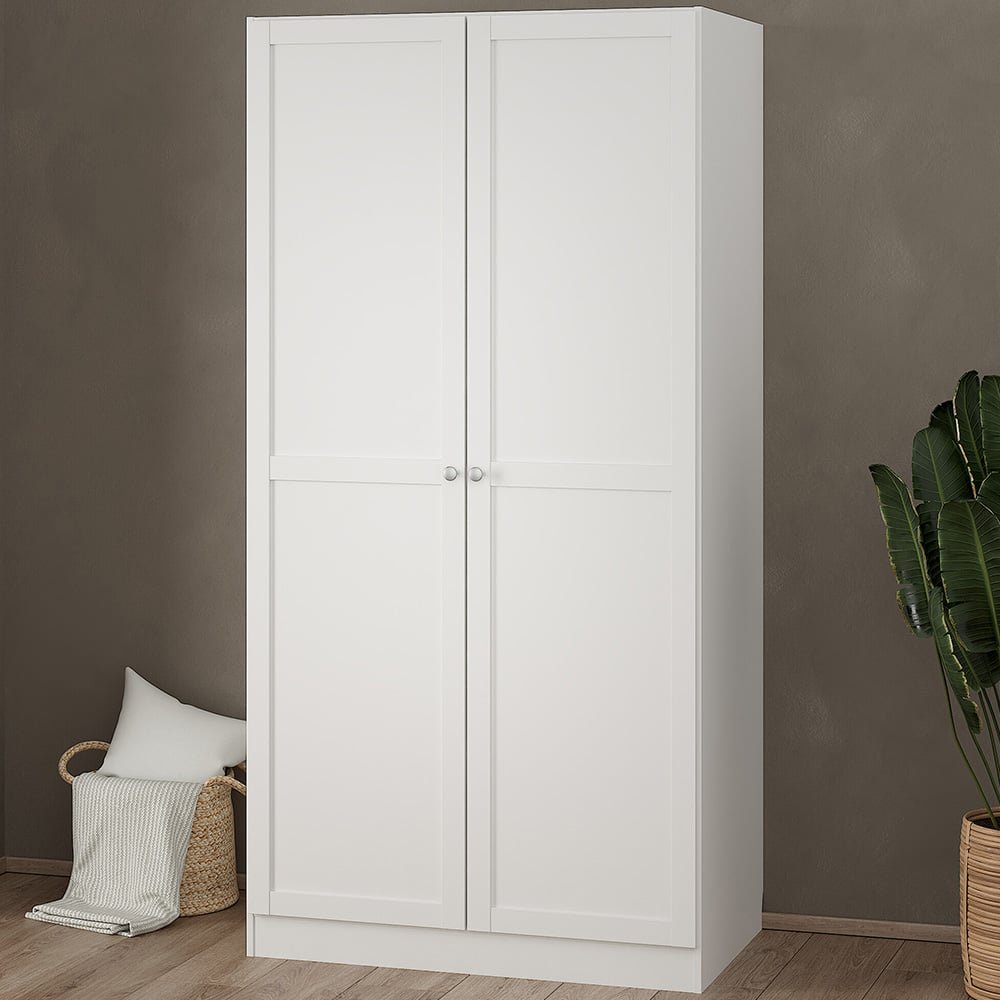 FLORENCE BRANDE 2 Door White Wardrobe with panel detailing and silver handles.