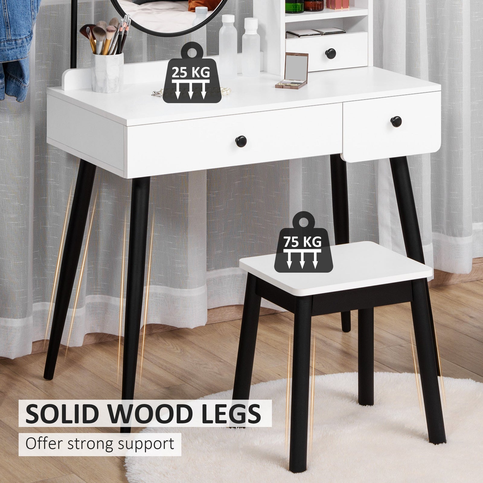 homcom dressing table set with mirror and stool vanity makeup table with 3 drawers and open shelves for bedroom living room white