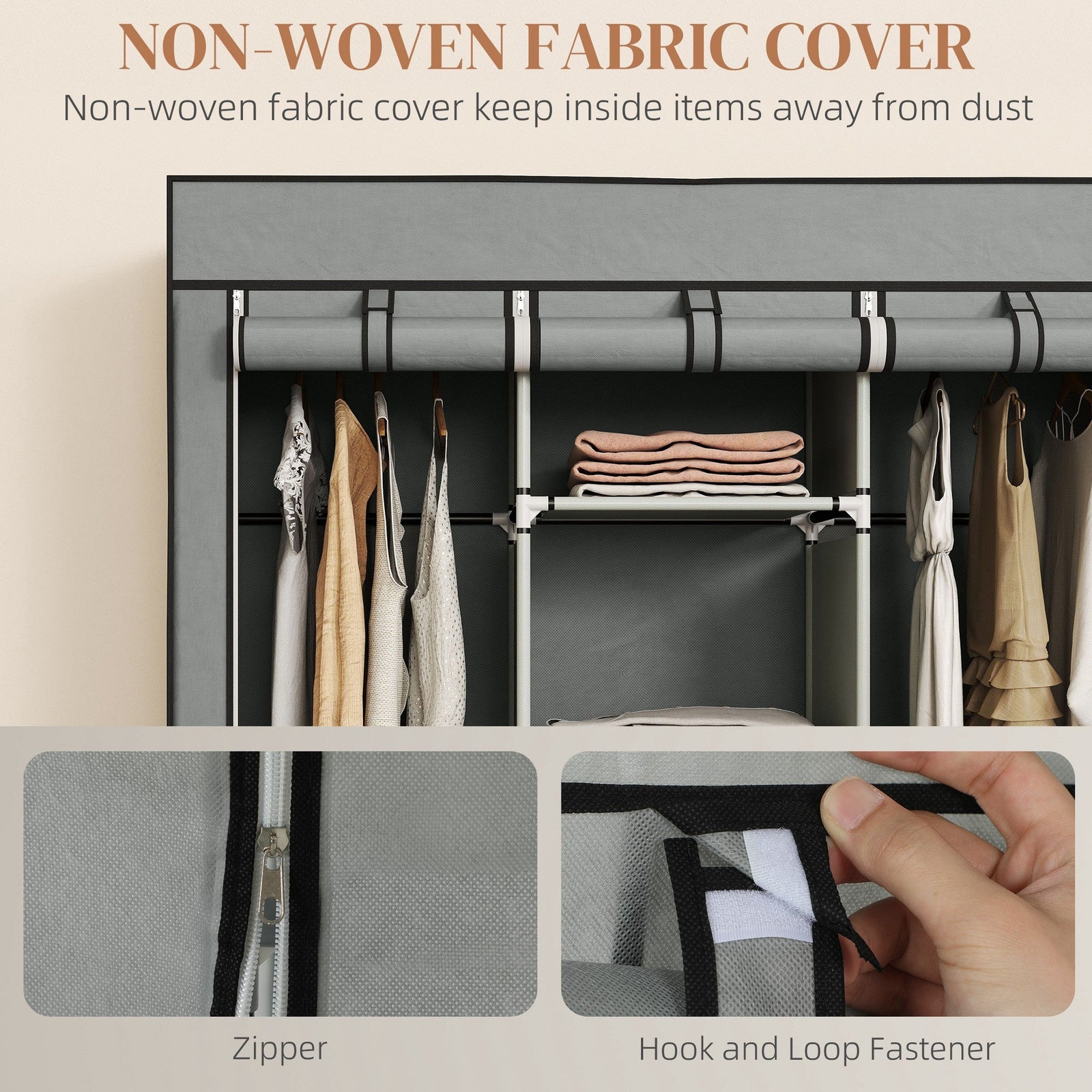 homcom foldable fabric wardrobe for bedroom portable wardrobe with 5 shelves 2 hanging rails and 3 fabric drawers light grey