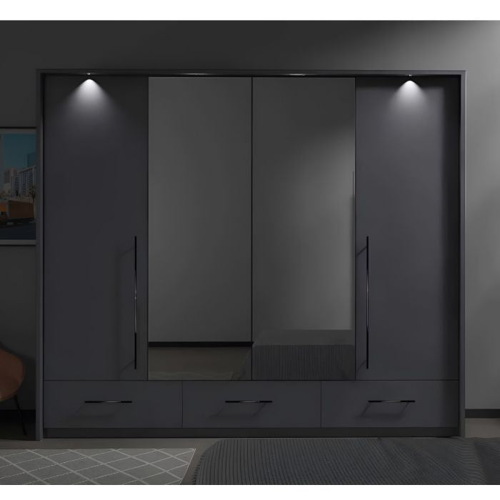 Graphite 4 door mirrored wardrobe with 3 drawers and LED lighting.