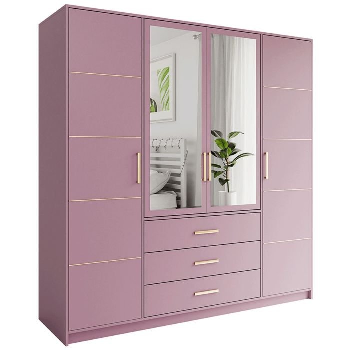Plum 4 door wardrobe with mirrored centre doors and 2 drawers, gold handles