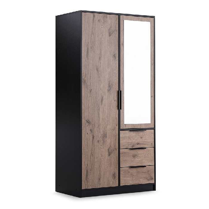 BELLVYN 2 door wardrobe in black with oak Viking finish, featuring a full-length mirror and 3 drawers.