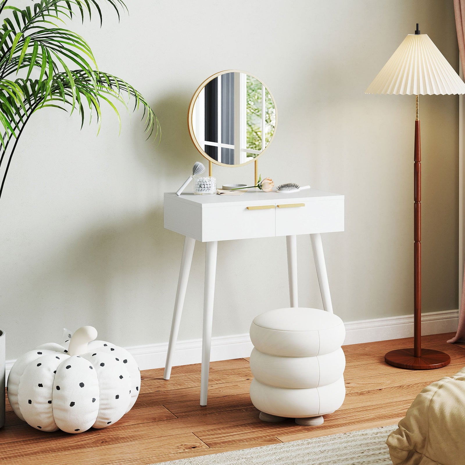 homcom elegant dressing table with round mirror 60 x 40 x 123 cm white