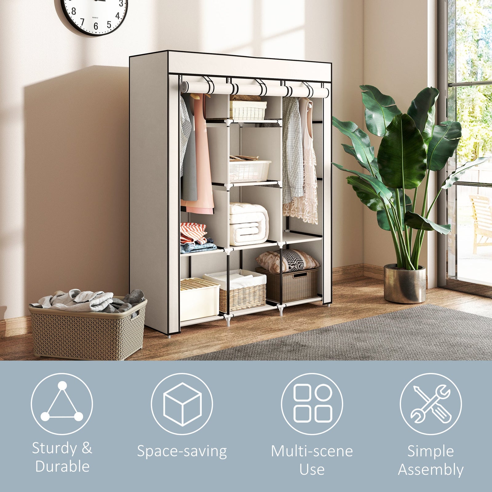 homcom fabric wardrobe with rails and shelves cream white