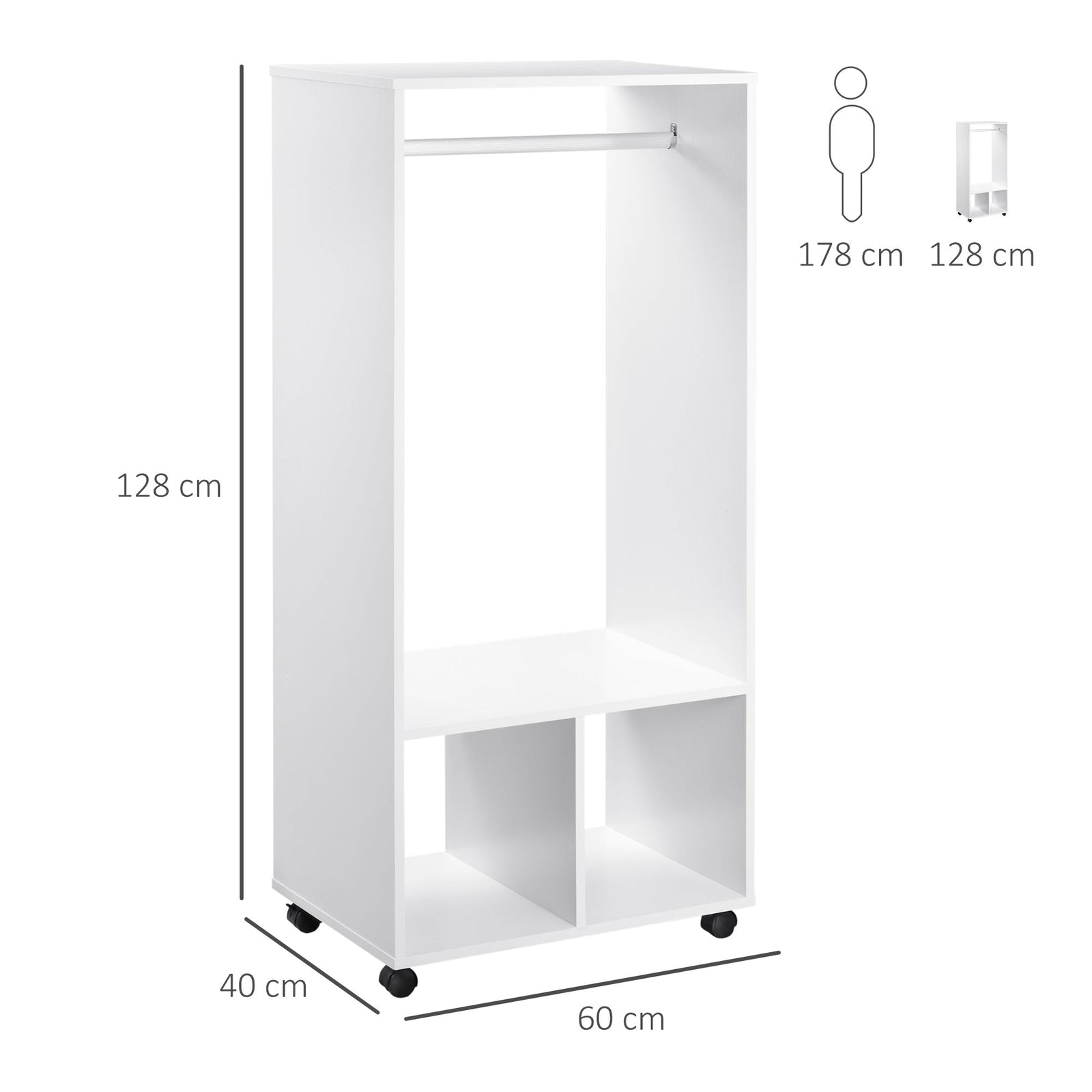 homcom open wardrobe on wheels bedroom wardrobe with clothes hanging rail 2 storage shelves mobile garment rack for cloakroom hallway white