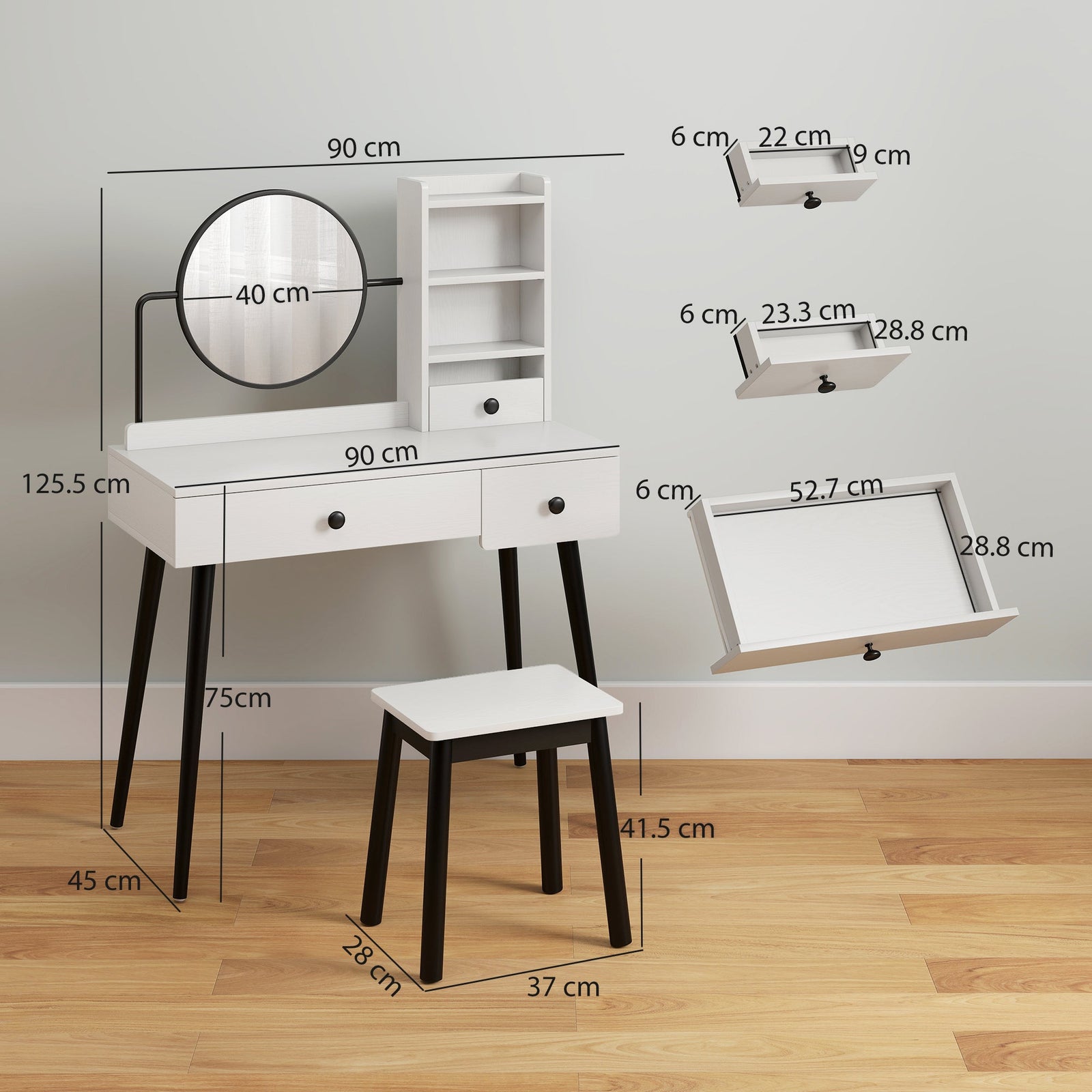 homcom dressing table set with mirror and stool vanity makeup table with 3 drawers and open shelves for bedroom living room white