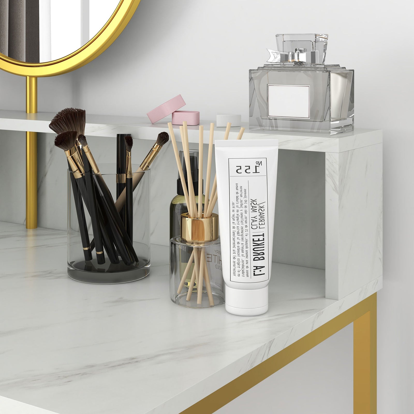 homcom modern dressing table with round mirror vanity makeup desk with open storage faux marble texture and steel frame for bedroom white