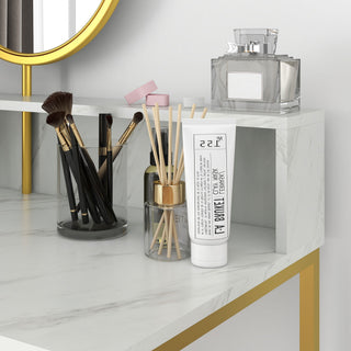 homcom modern dressing table with round mirror vanity makeup desk with open storage faux marble texture and steel frame for bedroom white