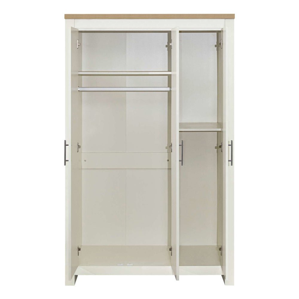 Cream and oak three-door wardrobe open, showing hanging rail and shelves.