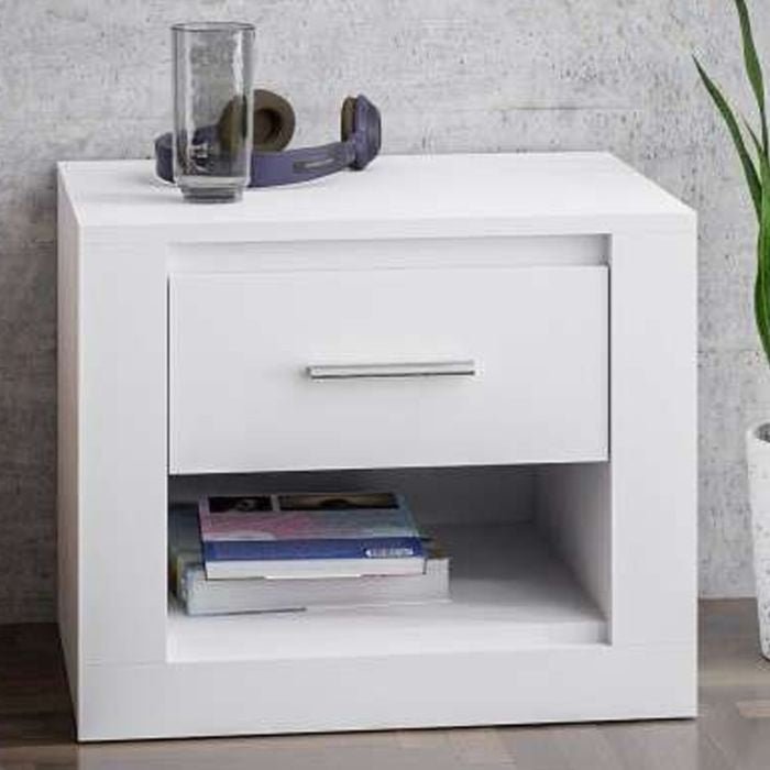 White bedside table with one drawer and an open shelf on a wooden floor.