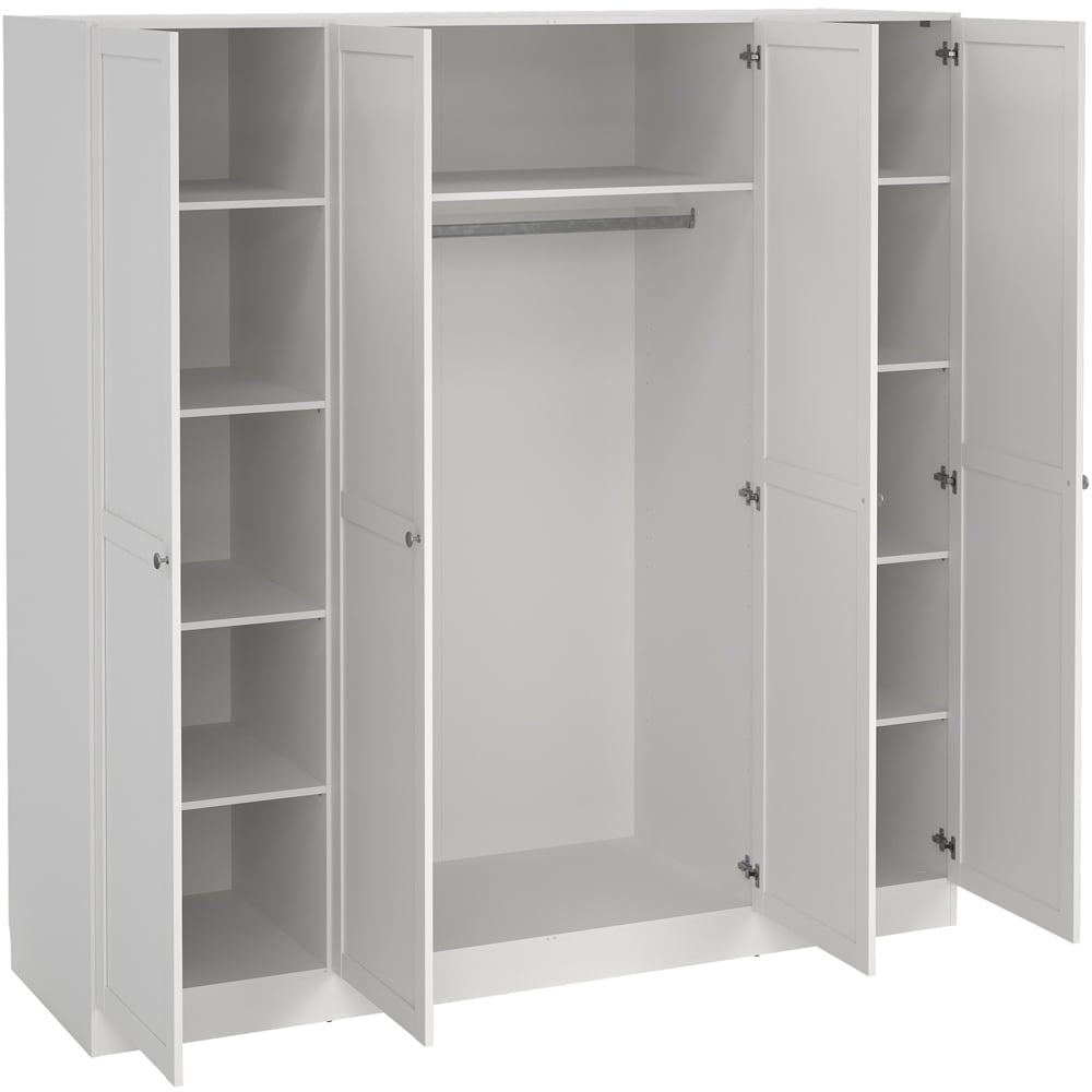 Florence Brande 4 door white wardrobe open showing hanging rail and shelves