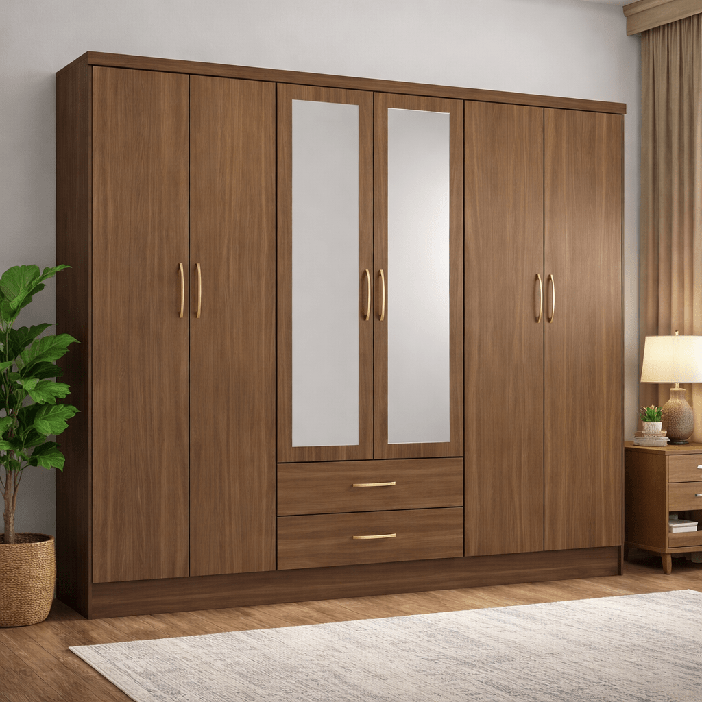 CHOICEWARDROBE Modara 6-door wardrobe in Rustic Oak effect with 2 drawers and central mirrored panels.
