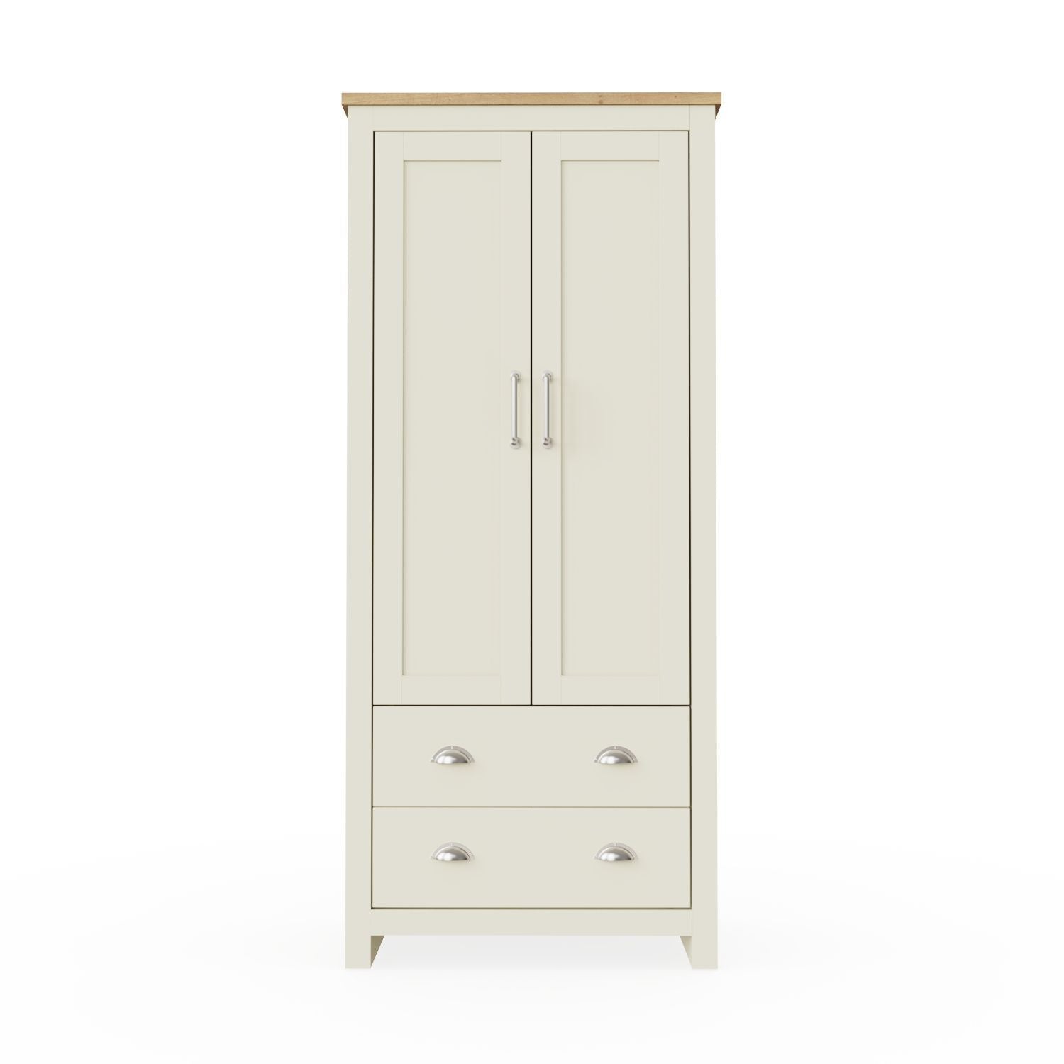 CHOICEWARDROBE Lisbon Cream 2 Door Wardrobe with Oak Effect Top and silver cup handles.