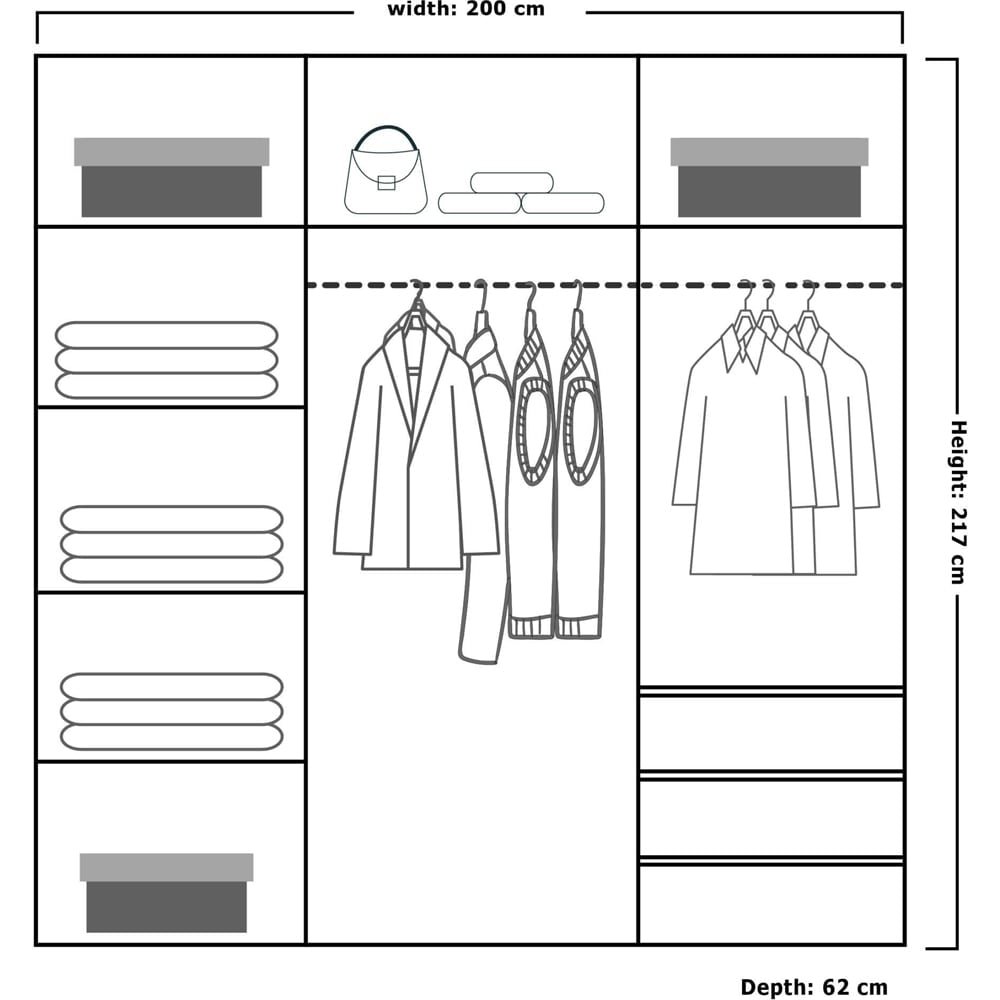 Diagram of the CHOICEWARDROBE Molli White 200cm Sliding Door Wardrobe with mirrored doors, white finish, showing shelves, hanging rods with clothes, drawers, boxes, folded items, a bag and hangers in various sections. 200x217x62 cm.
