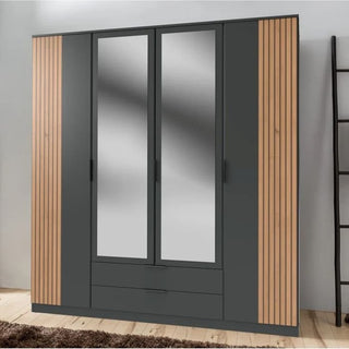 NOMASA 4 door mirrored wardrobe with 2 drawers, grey mirrored centre doors and oak slat effect side doors.