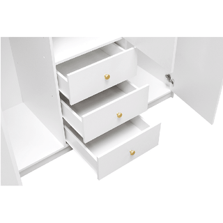 White wardrobe with three open drawers featuring round gold knobs.