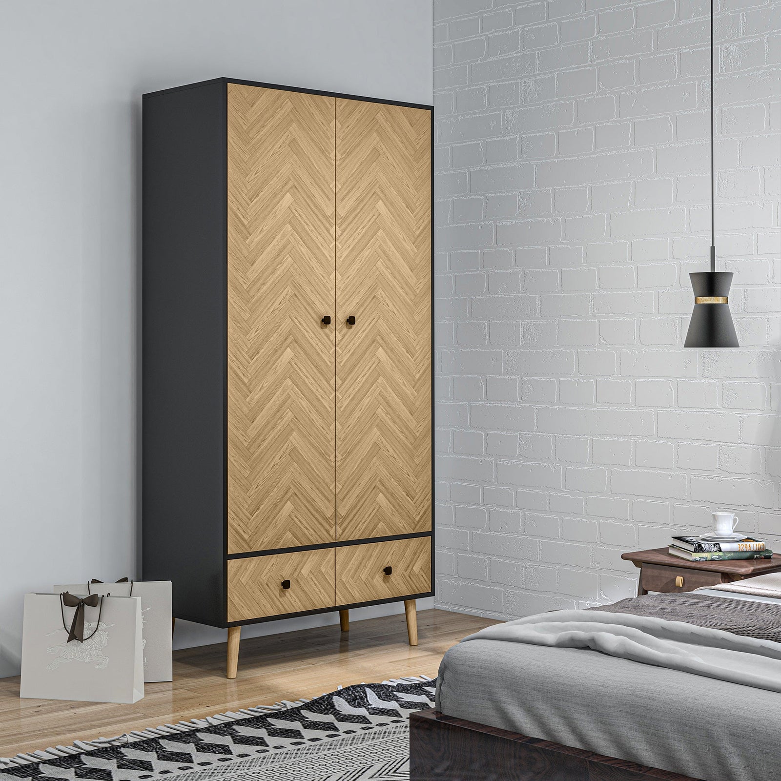 homcom modern wardrobe cabinet wood grain sticker surface with shelf hanging rod and 2 drawers 90x50x190cm