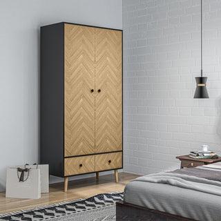 homcom modern wardrobe cabinet wood grain sticker surface with shelf hanging rod and 2 drawers 90x50x190cm