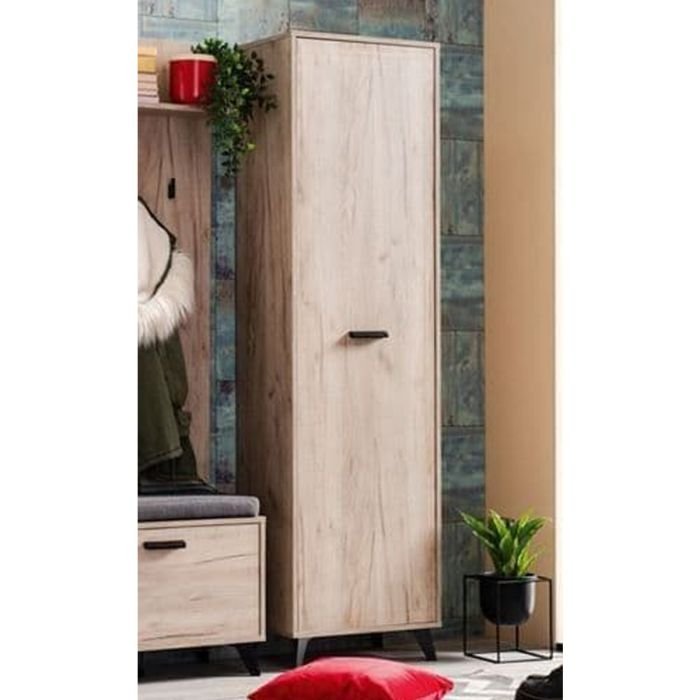 Narrow single-door wardrobe with grey oak finish and black handle