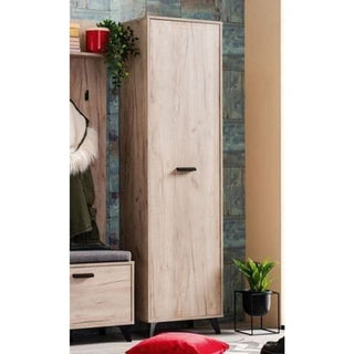 Narrow single-door wardrobe with grey oak finish and black handle