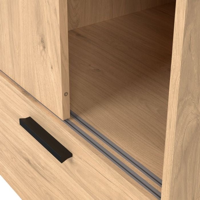 Close-up of LACOSTE 2 door sliding wardrobe in oak effect with black handle and visible interior