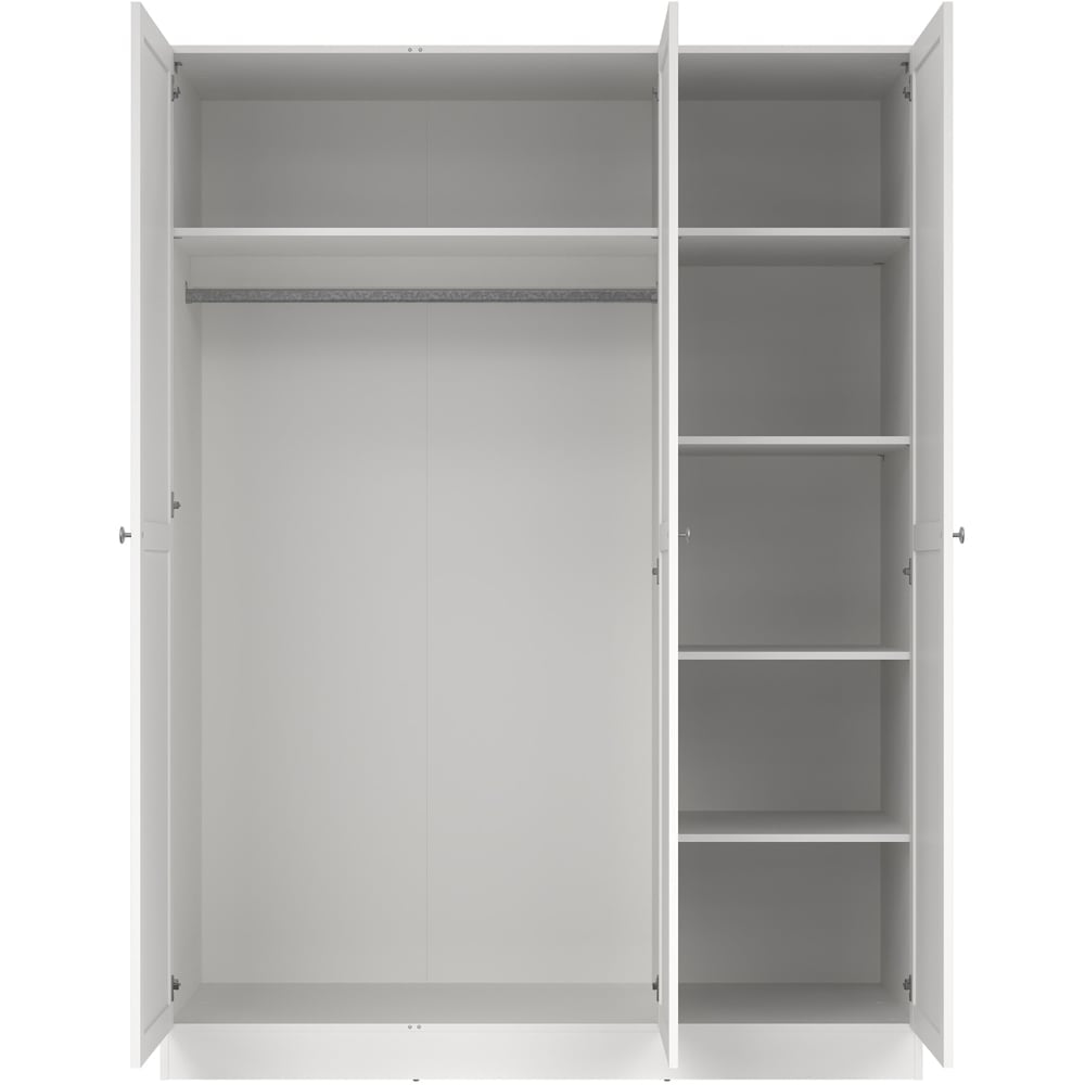 White 3-door wardrobe interior with hanging rail and shelves