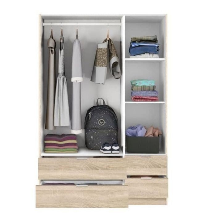 Oak effect wardrobe interior with hanging clothes, backpack, shoes, folded items, and drawers.