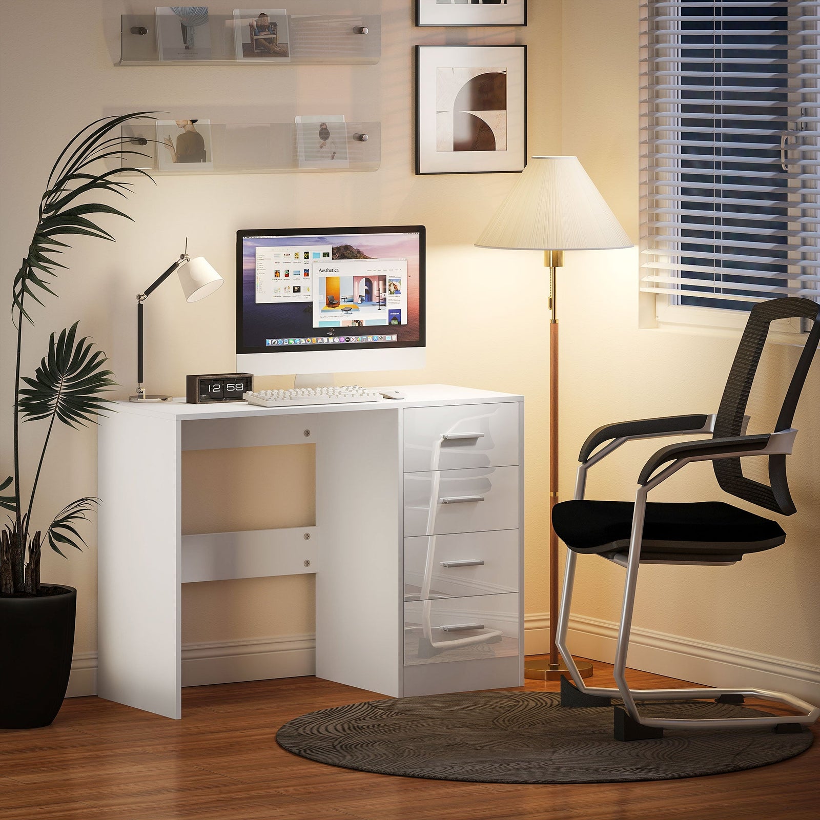 homcom computer desk with drawers dressing table high gloss home office writing workstation white