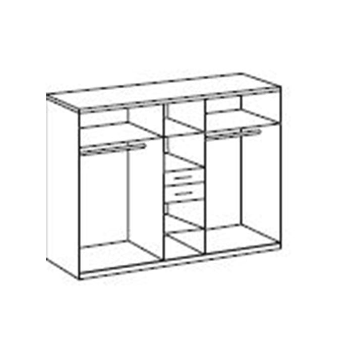 Line drawing of a 5-door white and graphite wardrobe with mirrored doors, two hanging rails and central drawers.