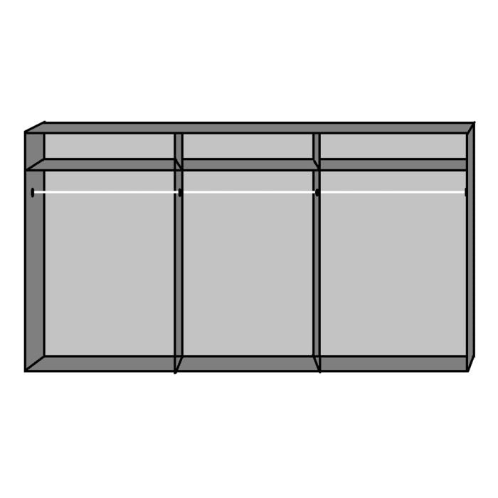 Line drawing of a 3-door wardrobe with open compartments, hanging rails, and shelves above.