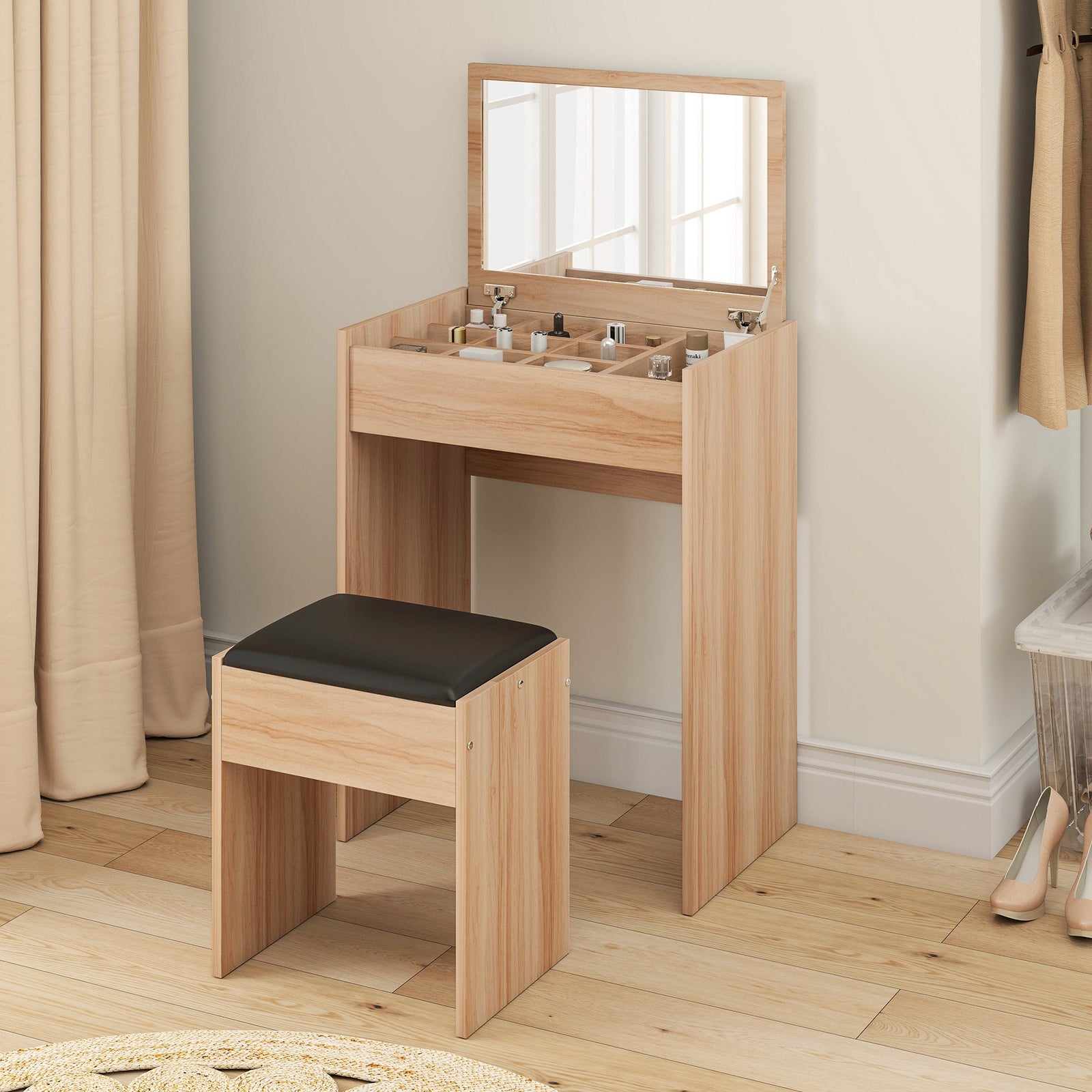 homcom dressing table with mirror and stool vanity makeup table with flip up mirror vanity desk with storage unit and padded seat wood