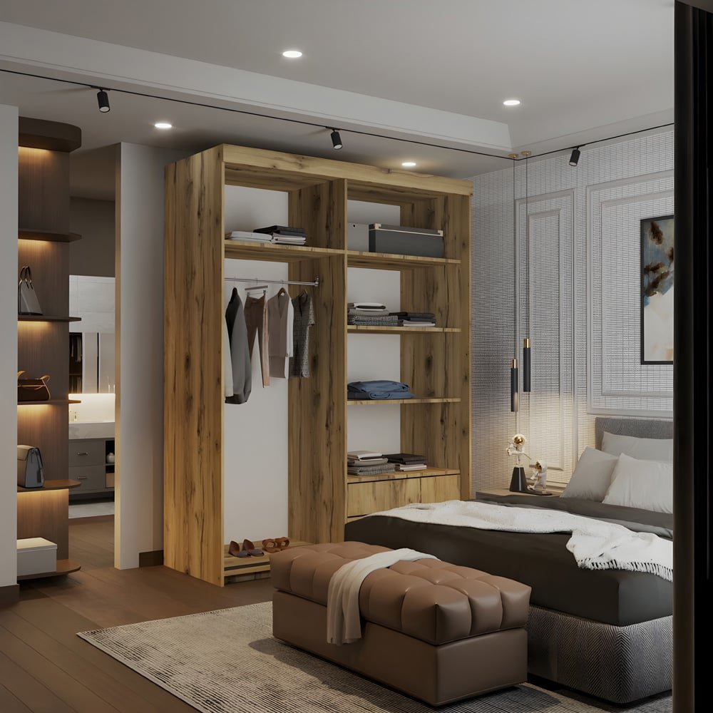 Oak finish sliding door wardrobe with mirrored doors in a modern bedroom setting.