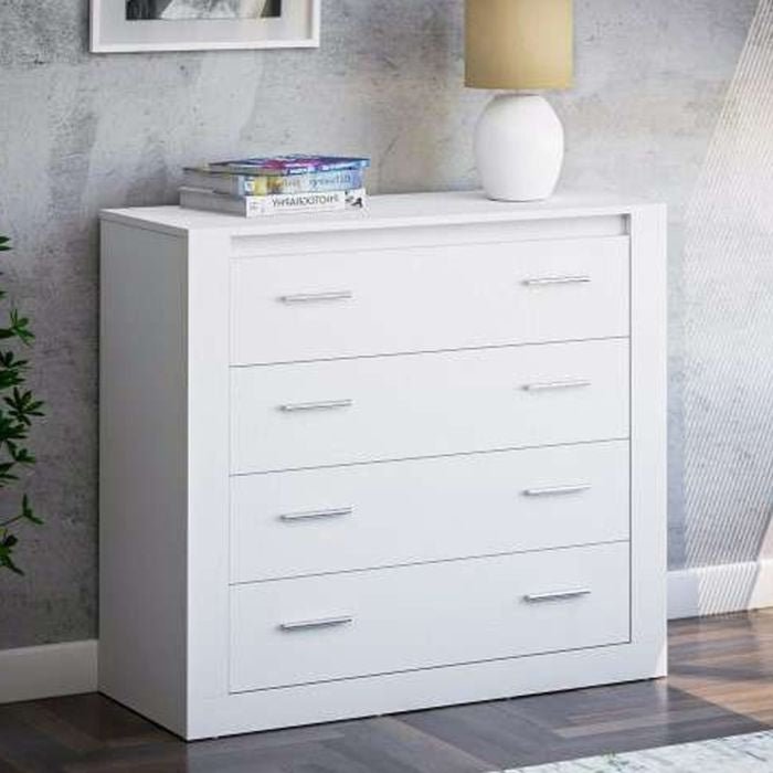 White four-drawer chest with silver handles