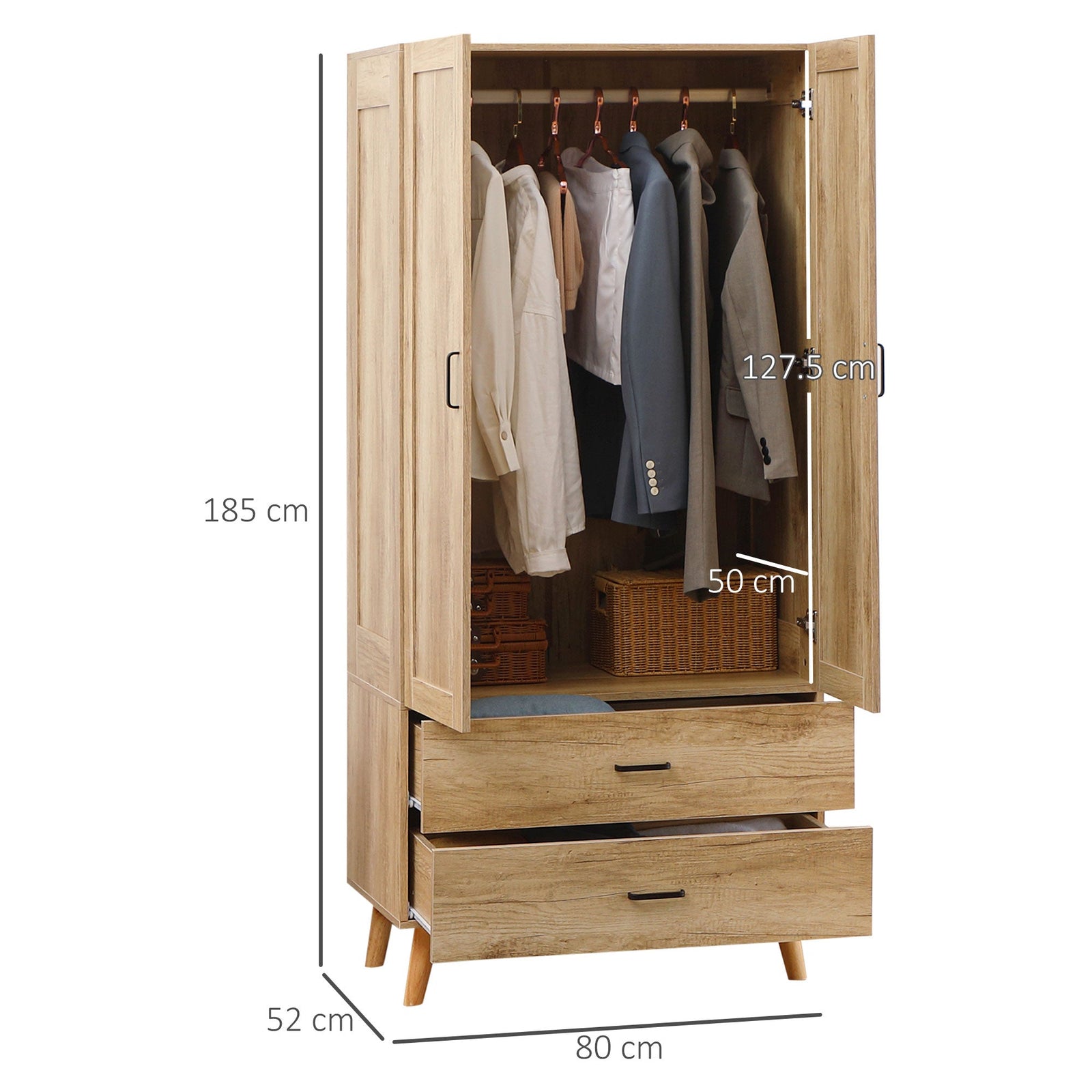 homcom 2 door wardrobe modern wardrobe with 2 drawer and hanging rail for bedroom natural