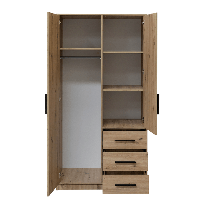 CHOICEWARDROBE AVERTON 100cm 2 Door 3 Drawer Wardrobe, Medium Oak, open doors, hanging rail, shelves, drawers.