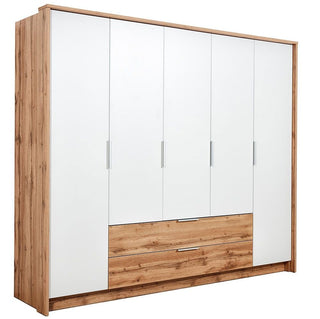 MARVELLO 255cm 5 door wardrobe with 2 drawers in oak wotan and white with silver handles