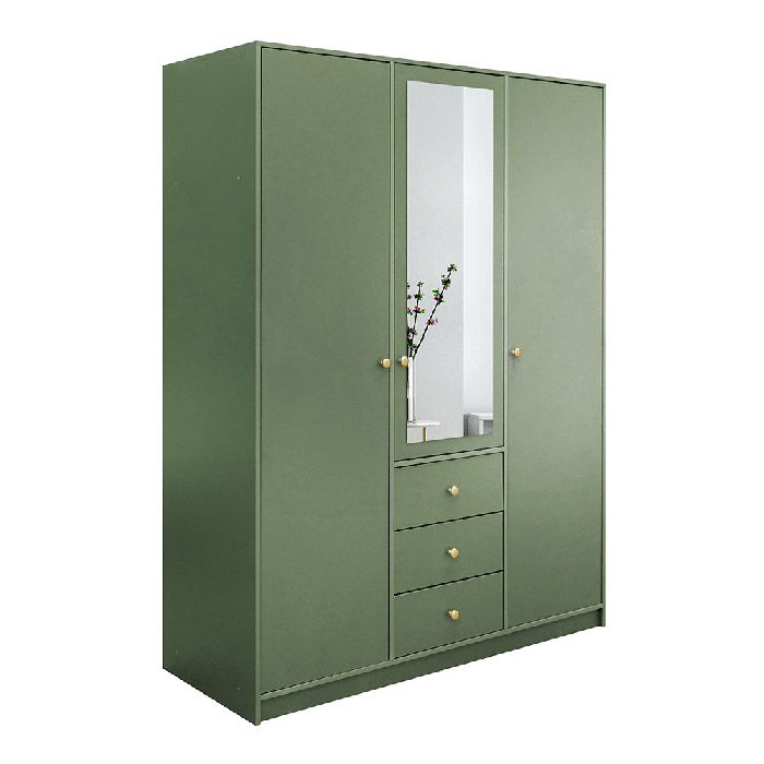 Green 3-door wardrobe with central mirror and 3 external drawers, 149cm wide