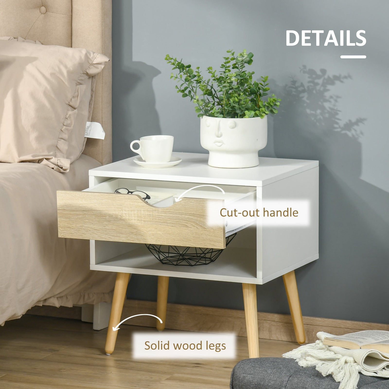homcom bedroom furniture set wardrobe with hanging rail bedside table floor cabinet with storage nature wood finish and white