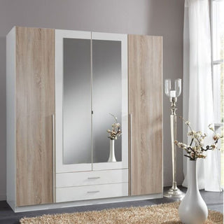 Mandy 4 door wardrobe with white and oak effect finish, featuring two mirrored central doors and two drawers below.