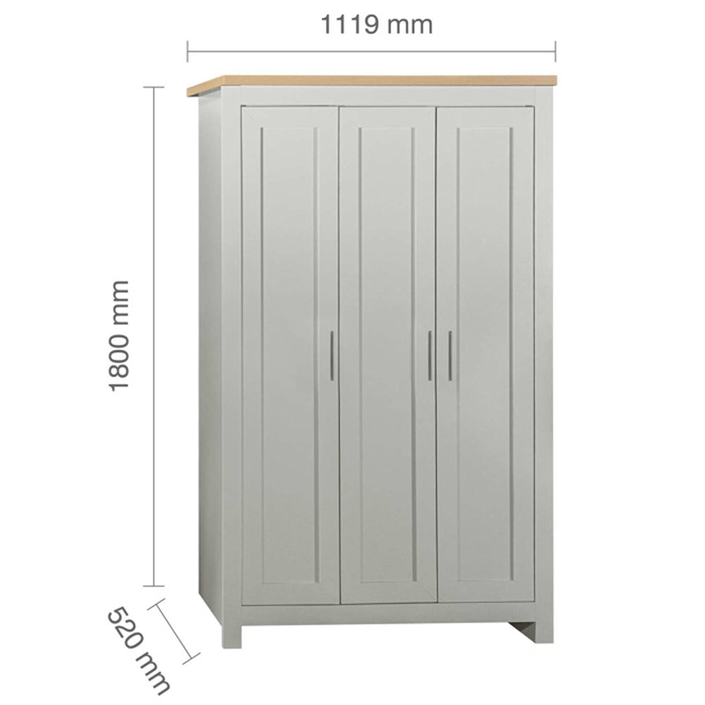 Highland 3-door grey wardrobe with oak-effect top, 1800mm H x 1119mm W x 520mm D.