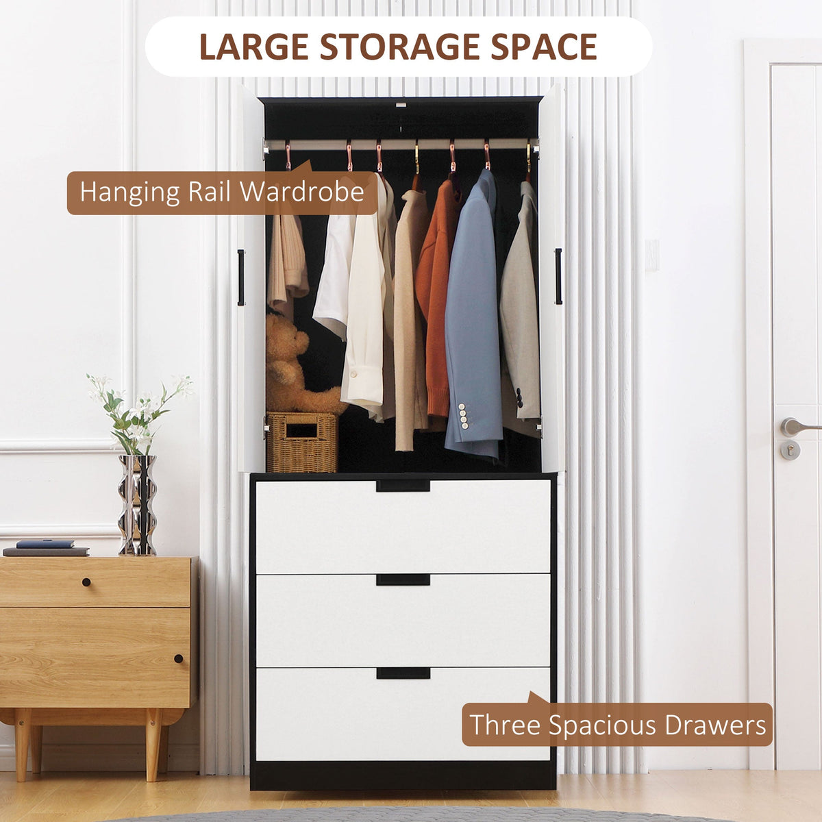 homcom bedroom furniture set wardrobe with hanging rod 4 drawer chest of drawers 2 bedside tables with storage white and black