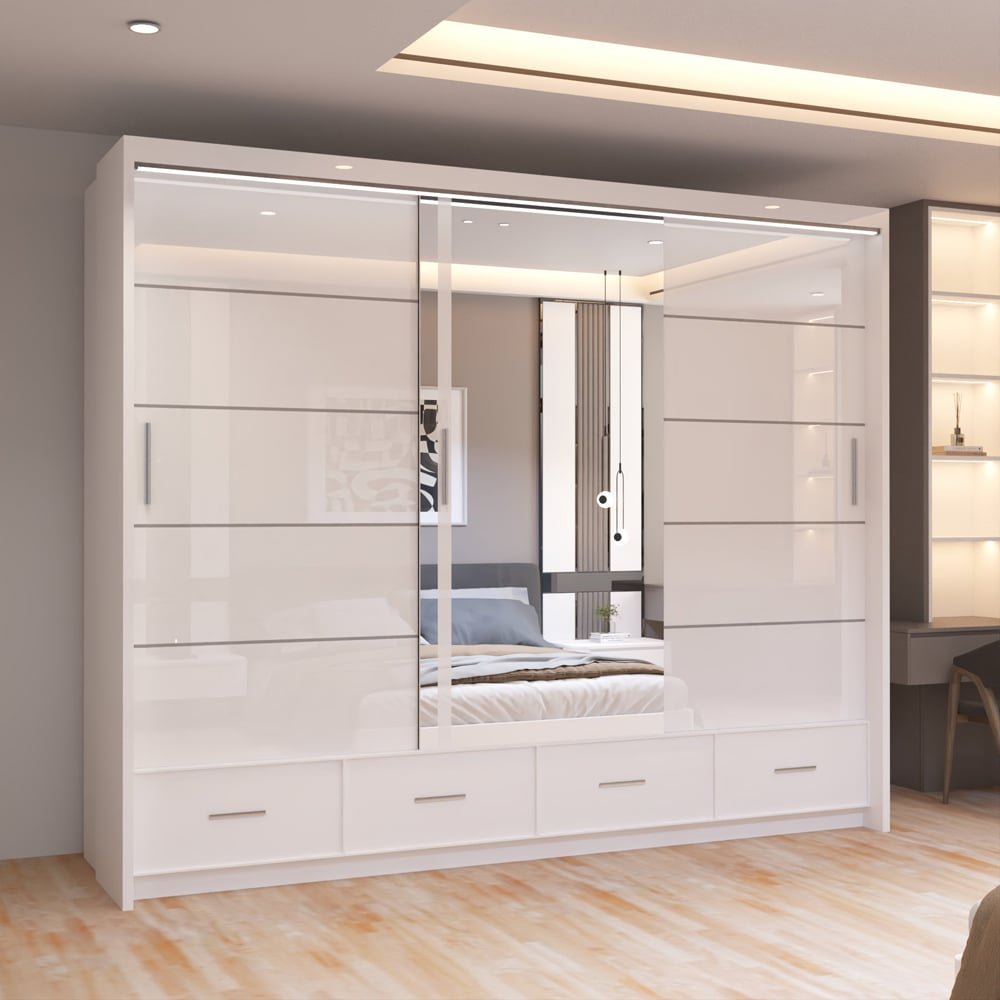 SYCYLIA white high gloss 3 door sliding wardrobe with mirrored doors and 4 drawers