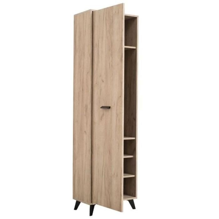 KIA 1 door narrow wardrobe in grey oak finish, open to reveal shelves and black handle.
