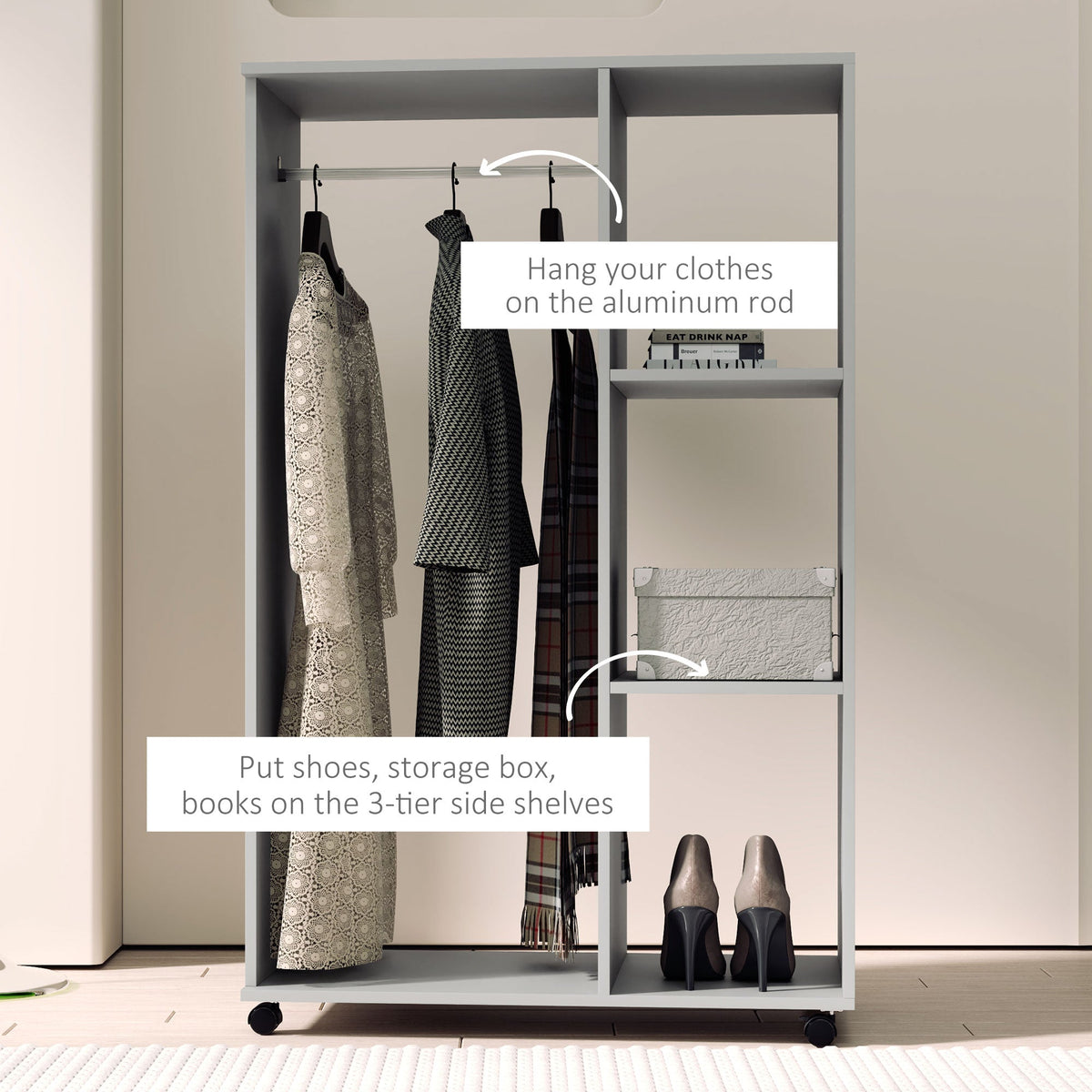 homcom open wardrobe on wheels bedroom wardrobe with clothes hanging rail 3 storage shelves mobile garment rack for cloakroom hallway grey
